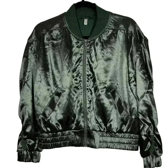 Free People Movement Relay Zip Up Satin Knit Collared Bomber Jacket - Picture 1 of 14